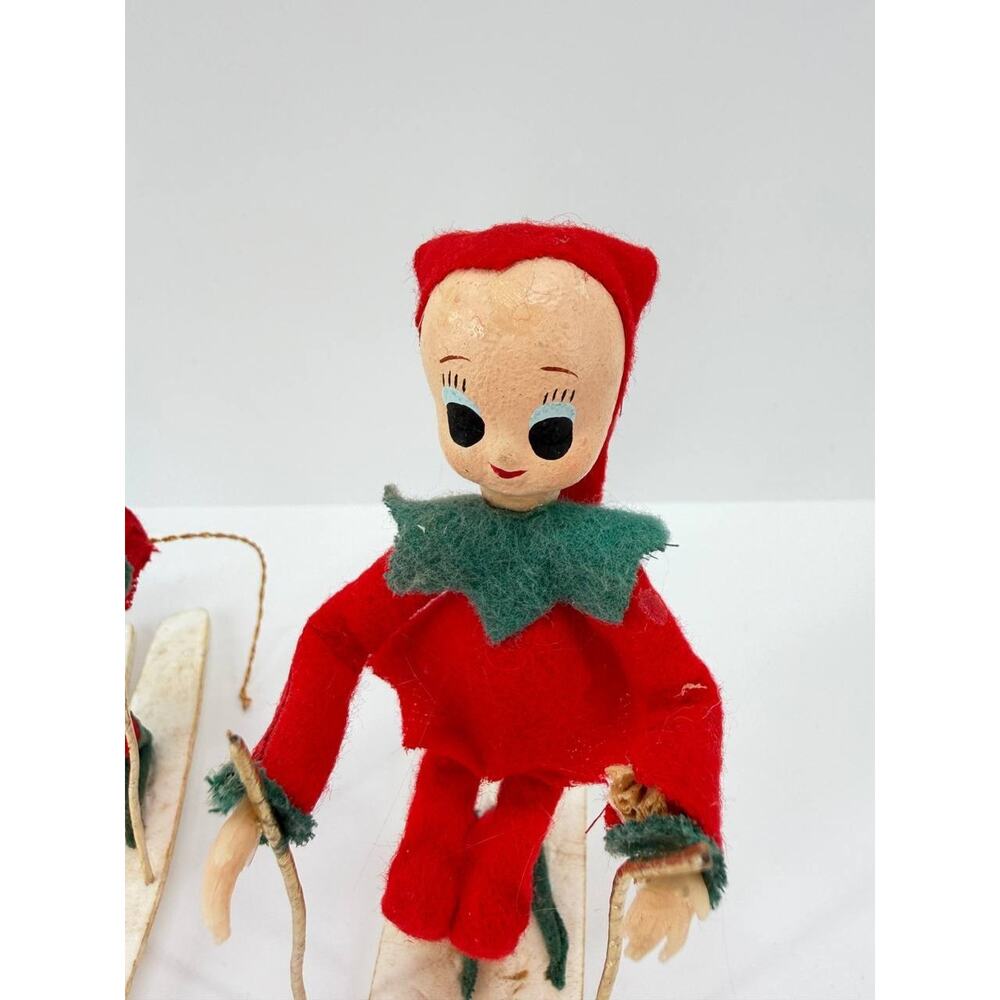 Vintage Christmas Elf Pixie Skier Dolls Plastic Felt Ski Holiday Decor Set - Picture 2 of 10